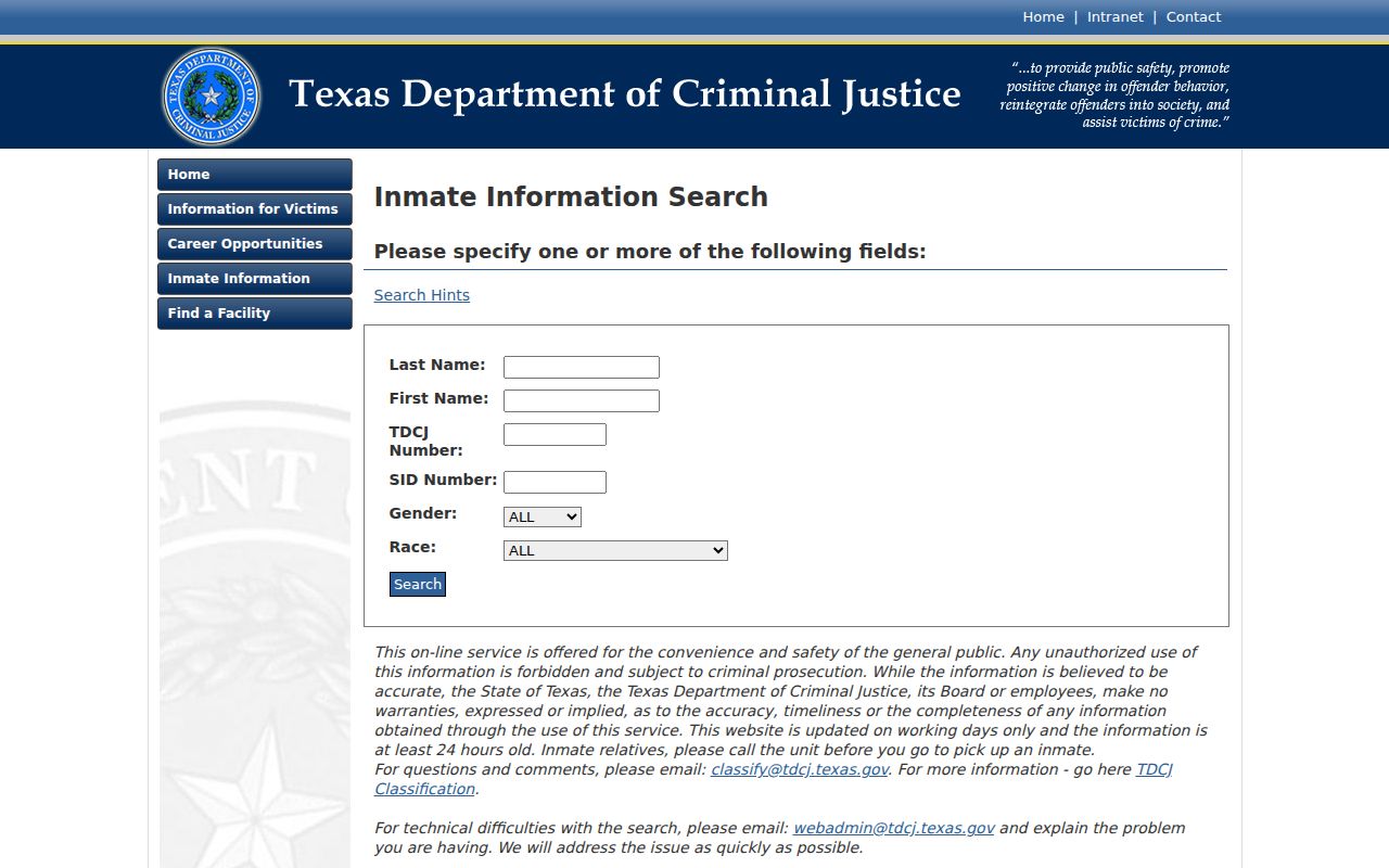 Fayette County arrest lookup TDCJ inmate search form