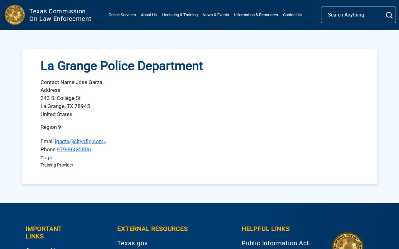 La Grange criminal records contact for the Police Department