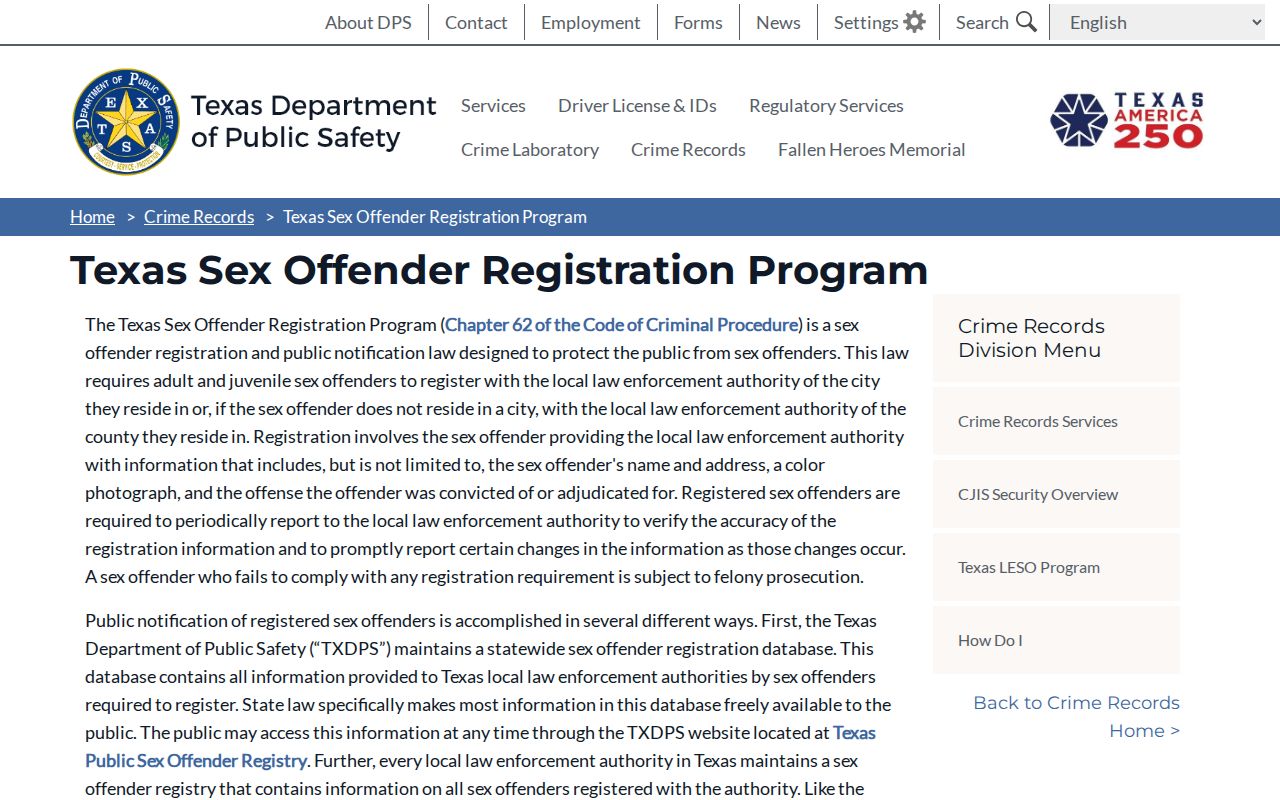 Texas registration program information for a Fayette County sex offender search